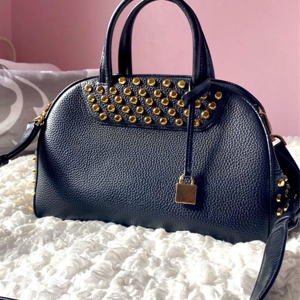 Michael Kors Austin black grained leather Gold Studded Bowling Bag